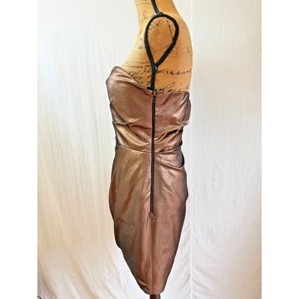 Robert Rodriguez One Shoulder Bronze Metallic Draped Cocktail Dress Size 6